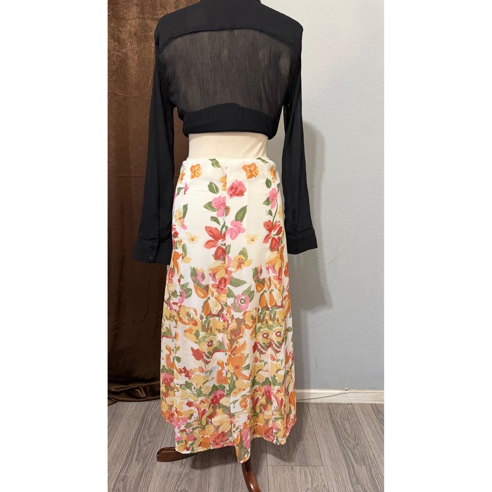 Cottagecore Floral Maxi Skirt Size 18 38W White Orange High Waist Lined A-Line - Picture 3 of 12
